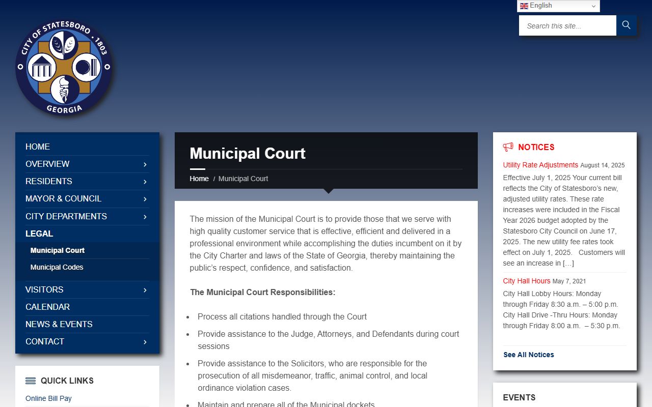 Statesboro Municipal Court information page for court docket and citation lookup
