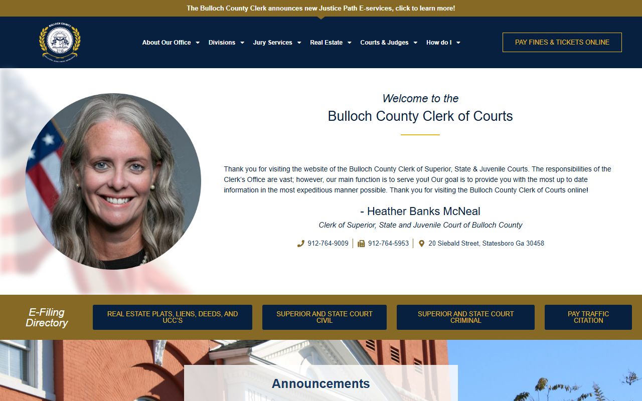 Bulloch County Clerk of Superior Court website showing court docket access