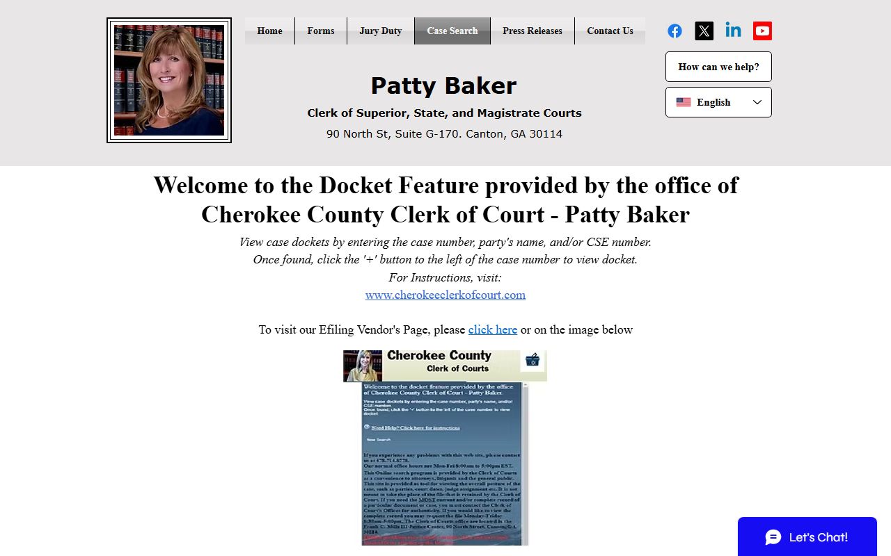 Cherokee County court docket case search portal on the Clerk of Court website