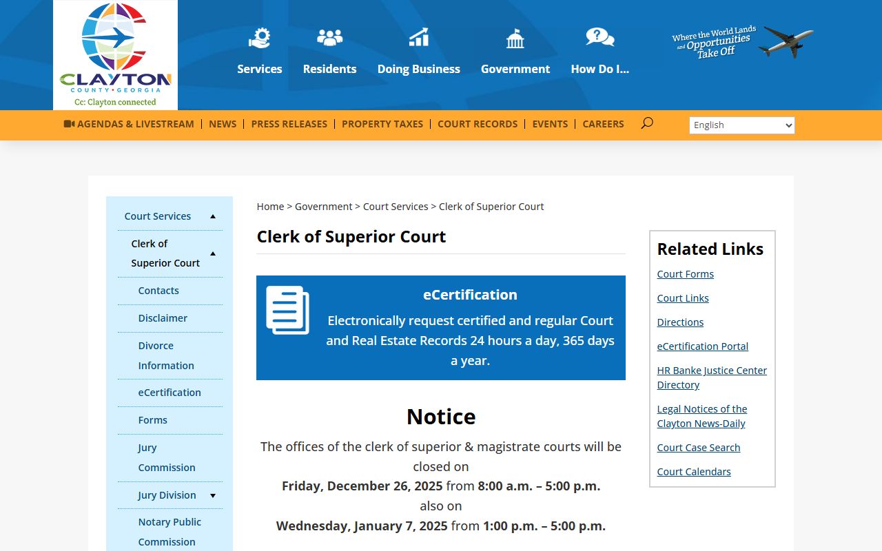 Clayton County Clerk of Superior Court website with court docket record access