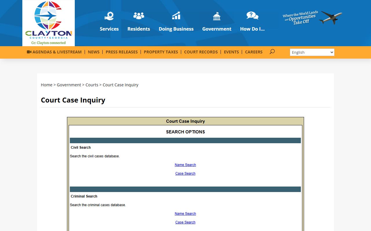 Clayton County court case inquiry online search tool for civil and criminal docket records