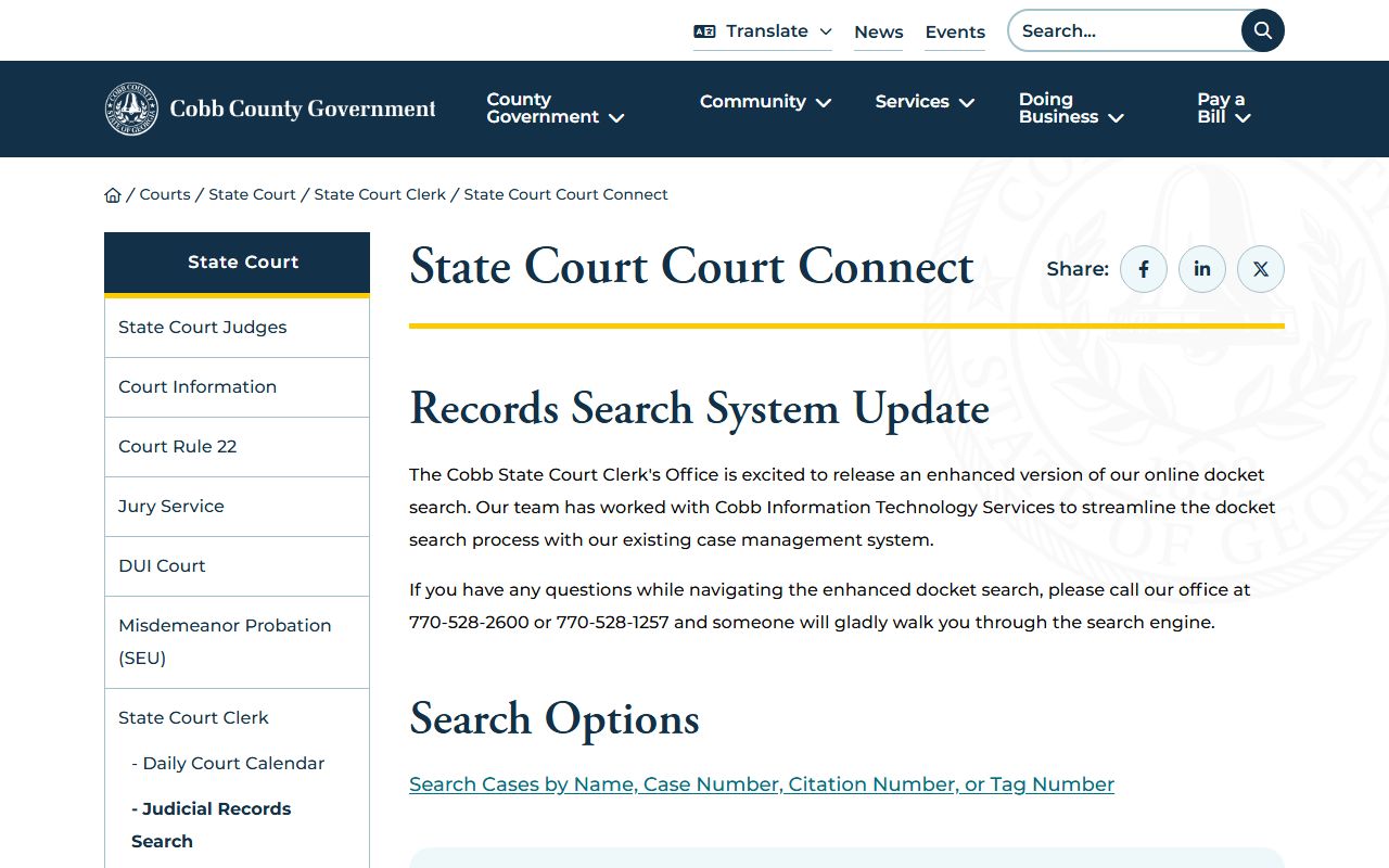Cobb County State Court Court Connect online docket search portal