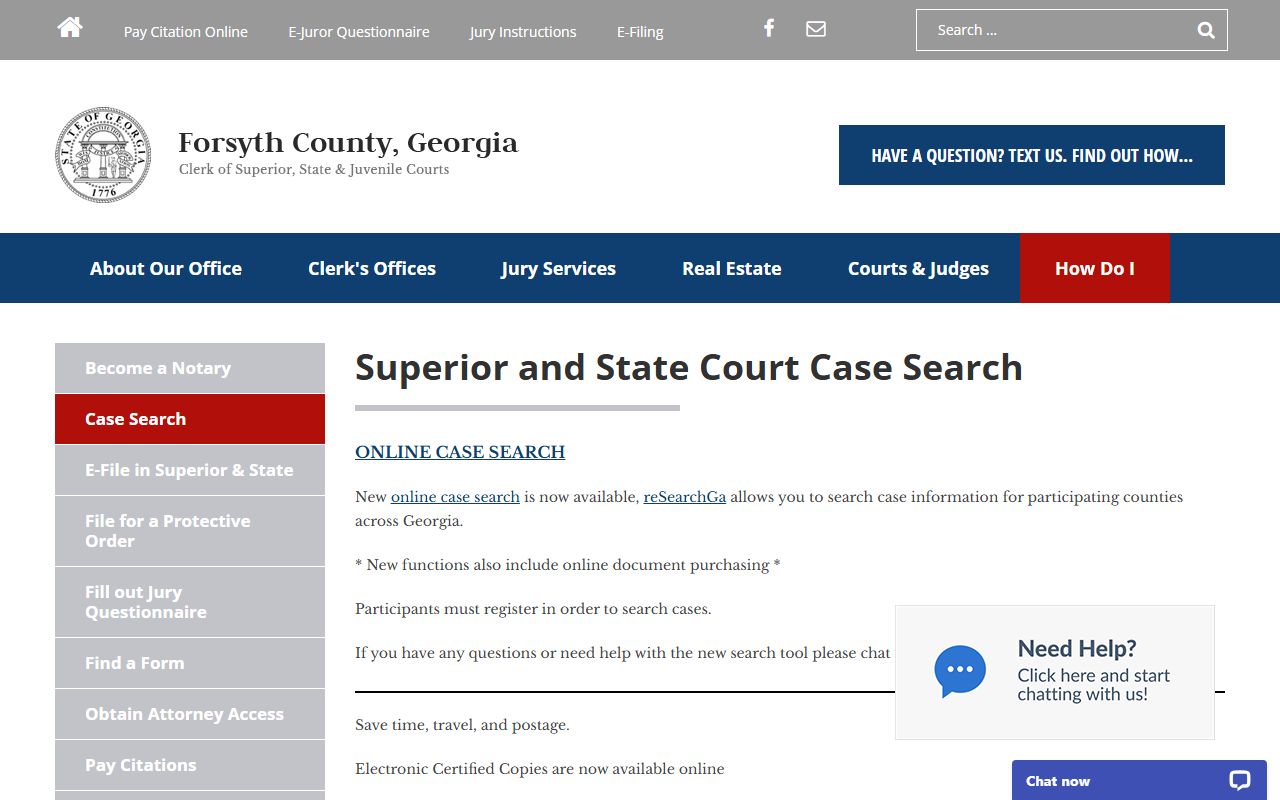Forsyth County court docket case search via re:SearchGA portal interface