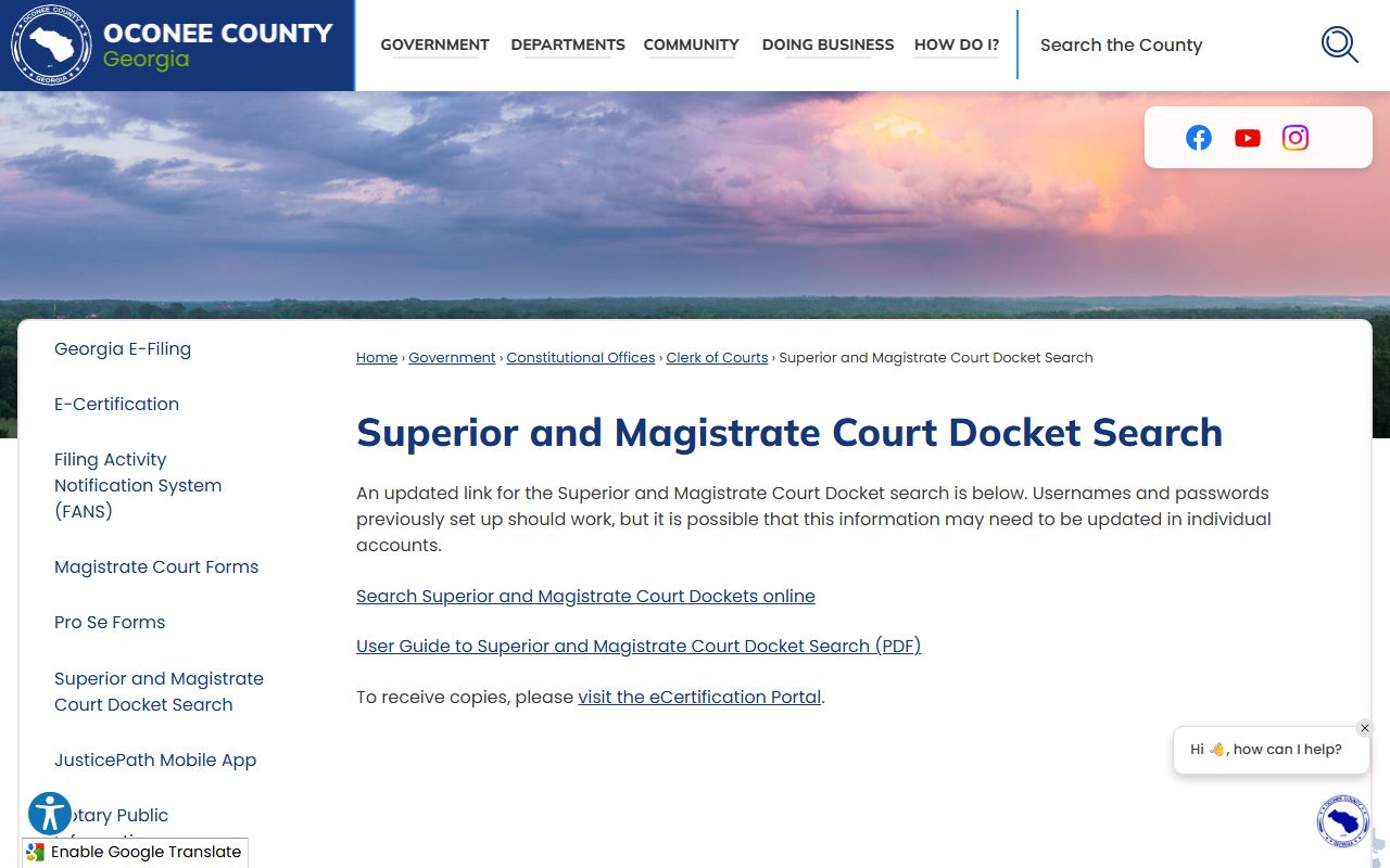 Oconee County court docket search portal for Superior and Magistrate Court case records
