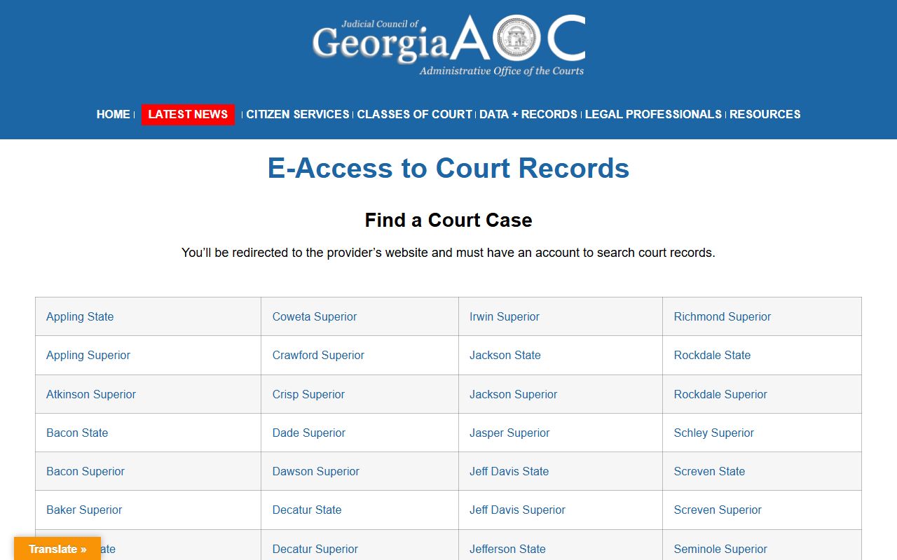 Georgia Courts E-Access portal for finding court docket records online