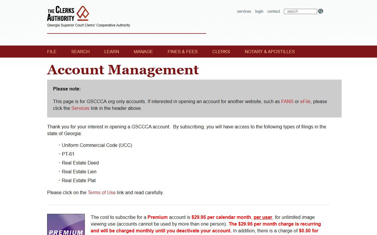 GSCCCA account management portal for Georgia court docket access